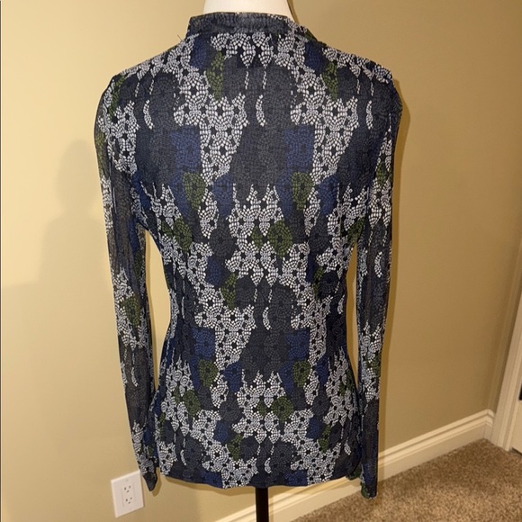 Tribal Blouse Sheer Blue Green White Cross Front Ruching Fitted Women’s Size M - Picture 2 of 11